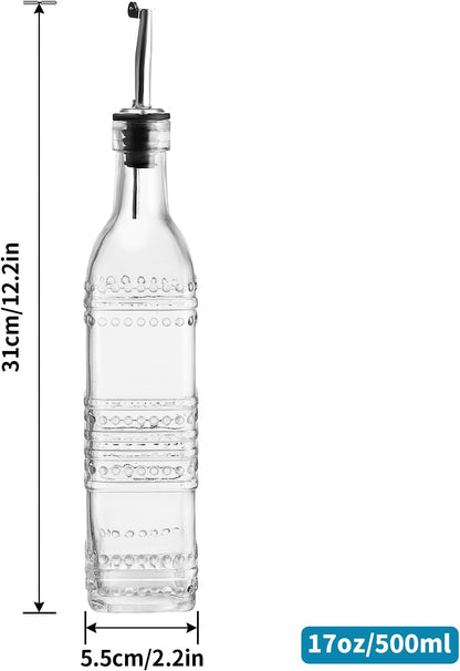 Oil and Vinegar Dispenser Set, 17oz Clear Glass Olive Oil Bottles, Kitchen Vinegar Decanters with 3 Spouts, 3 Plugs, 1 Funnel, Pack of 3