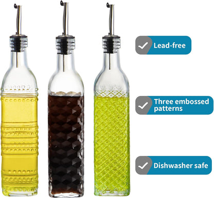 Oil and Vinegar Dispenser Set, 17oz Clear Glass Olive Oil Bottles, Kitchen Vinegar Decanters with 3 Spouts, 3 Plugs, 1 Funnel, Pack of 3