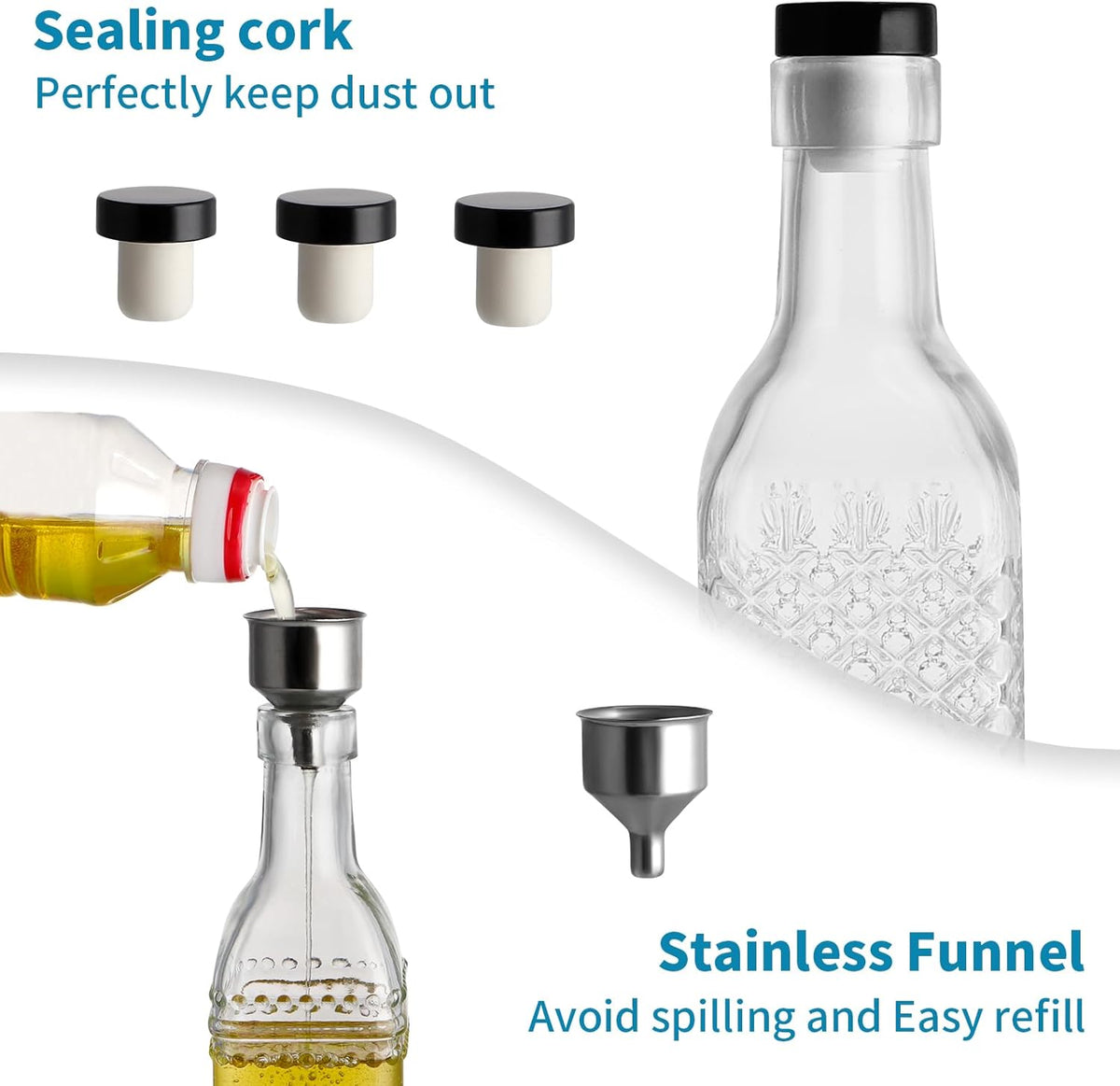 Oil and Vinegar Dispenser Set, 17oz Clear Glass Olive Oil Bottles, Kitchen Vinegar Decanters with 3 Spouts, 3 Plugs, 1 Funnel, Pack of 3