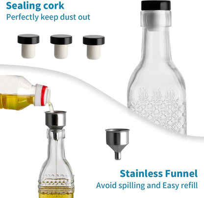 Oil and Vinegar Dispenser Set, 17oz Clear Glass Olive Oil Bottles, Kitchen Vinegar Decanters with 3 Spouts, 3 Plugs, 1 Funnel, Pack of 3