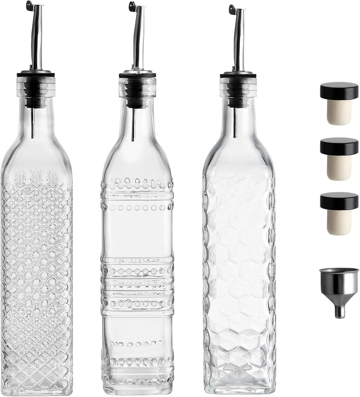 Oil and Vinegar Dispenser Set, 17oz Clear Glass Olive Oil Bottles, Kitchen Vinegar Decanters with 3 Spouts, 3 Plugs, 1 Funnel, Pack of 3