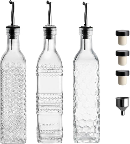 Oil and Vinegar Dispenser Set, 17oz Clear Glass Olive Oil Bottles, Kitchen Vinegar Decanters with 3 Spouts, 3 Plugs, 1 Funnel, Pack of 3