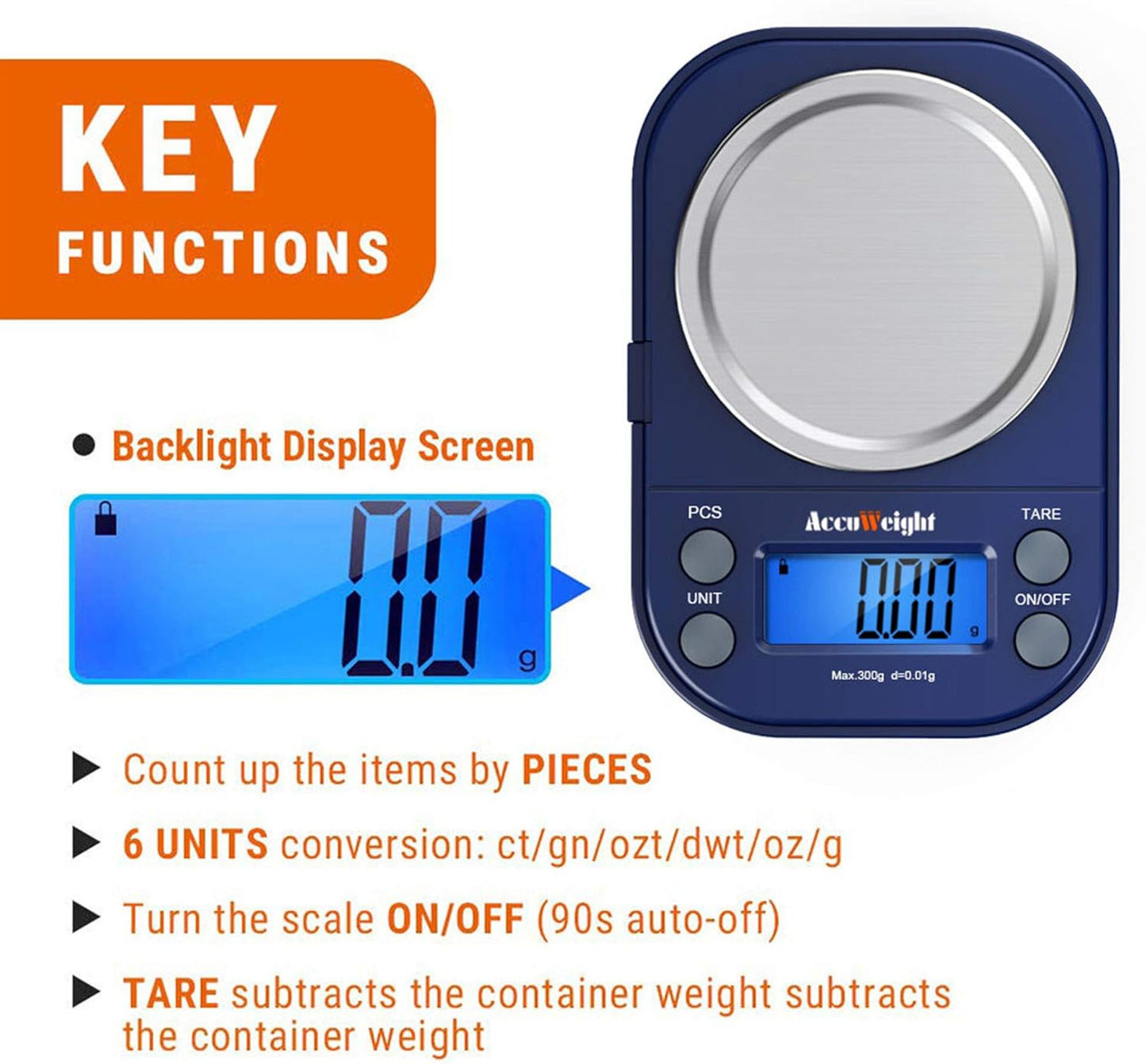 Digital Gram Scale with 300g/0.01g Small Pocket Coffee Scale with High Accuracy, Jewelry Scale with Tare and Calibration for Kitchen Food Scale