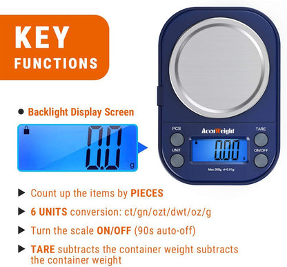 Digital Gram Scale with 300g/0.01g Small Pocket Coffee Scale with High Accuracy, Jewelry Scale with Tare and Calibration for Kitchen Food Scale