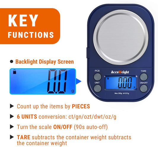 Digital Gram Scale with 300g/0.01g Small Pocket Coffee Scale with High Accuracy, Jewelry Scale with Tare and Calibration for Kitchen Food Scale