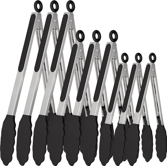 9 Pieces Silicone Tongs for Cooking 7,9,12 inches Kitchen Tongs with Silicone Tip Stainless Steel Heat Resistant Cooking Tongs for Food Grill Salad BBQ Frying and Serving, Black