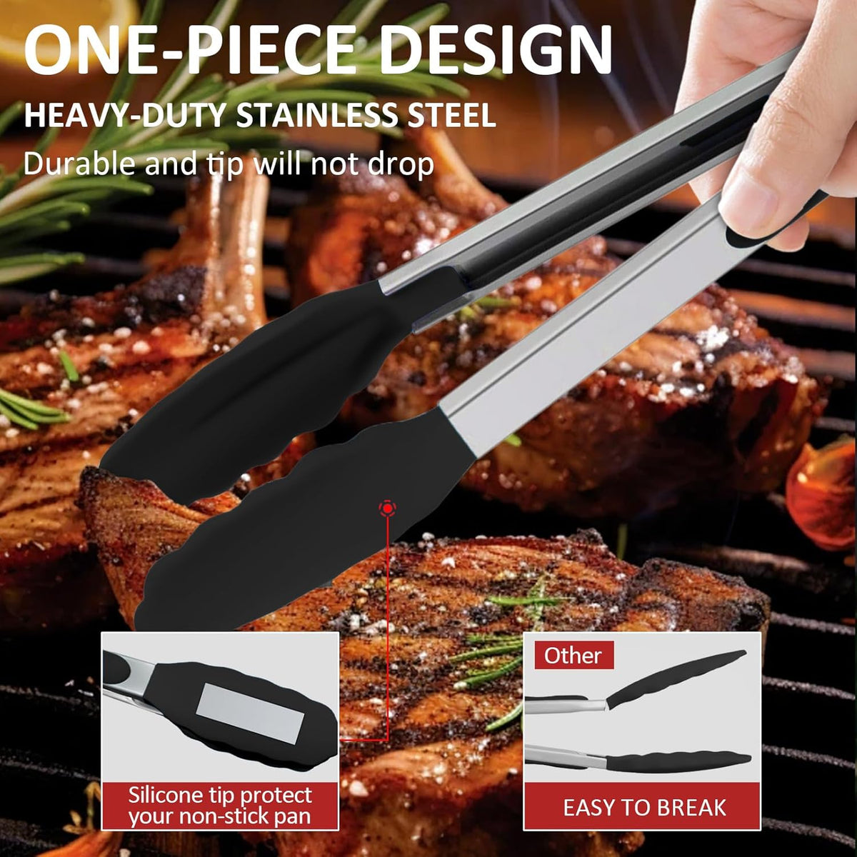9 Pieces Silicone Tongs for Cooking 7,9,12 inches Kitchen Tongs with Silicone Tip Stainless Steel Heat Resistant Cooking Tongs for Food Grill Salad BBQ Frying and Serving, Black