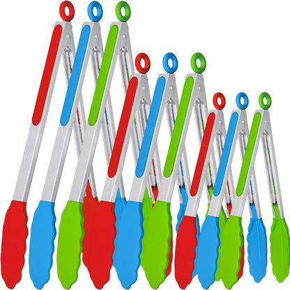 9 Pieces Silicone Tongs for Cooking 7,9,12 inches Kitchen Tongs with Silicone Tip Stainless Steel Heat Resistant Cooking Tongs for Food Grill Salad BBQ Frying and Serving, Black
