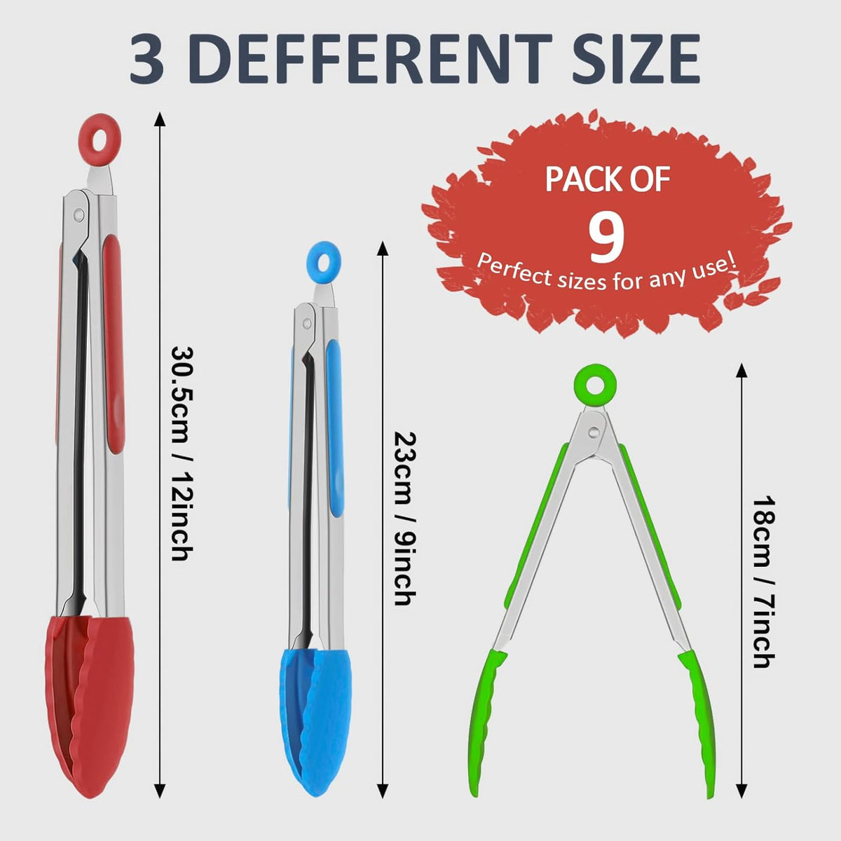 9 Pieces Silicone Tongs for Cooking 7,9,12 inches Kitchen Tongs with Silicone Tip Stainless Steel Heat Resistant Cooking Tongs for Food Grill Salad BBQ Frying and Serving, Black