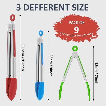 9 Pieces Silicone Tongs for Cooking 7,9,12 inches Kitchen Tongs with Silicone Tip Stainless Steel Heat Resistant Cooking Tongs for Food Grill Salad BBQ Frying and Serving, Black