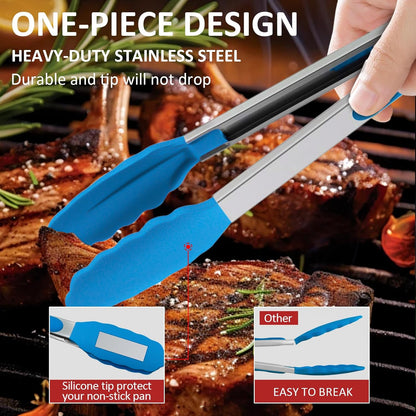 9 Pieces Silicone Tongs for Cooking 7,9,12 inches Kitchen Tongs with Silicone Tip Stainless Steel Heat Resistant Cooking Tongs for Food Grill Salad BBQ Frying and Serving, Black
