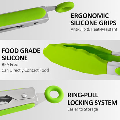 9 Pieces Silicone Tongs for Cooking 7,9,12 inches Kitchen Tongs with Silicone Tip Stainless Steel Heat Resistant Cooking Tongs for Food Grill Salad BBQ Frying and Serving, Black
