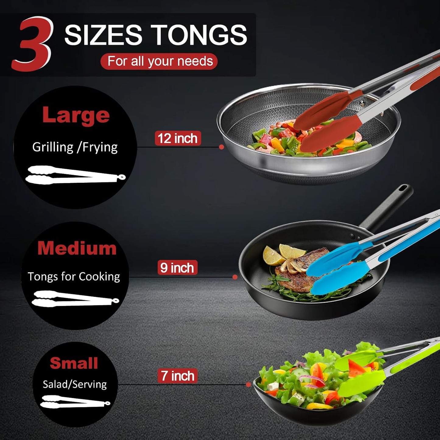 9 Pieces Silicone Tongs for Cooking 7,9,12 inches Kitchen Tongs with Silicone Tip Stainless Steel Heat Resistant Cooking Tongs for Food Grill Salad BBQ Frying and Serving, Black