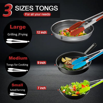 9 Pieces Silicone Tongs for Cooking 7,9,12 inches Kitchen Tongs with Silicone Tip Stainless Steel Heat Resistant Cooking Tongs for Food Grill Salad BBQ Frying and Serving, Black