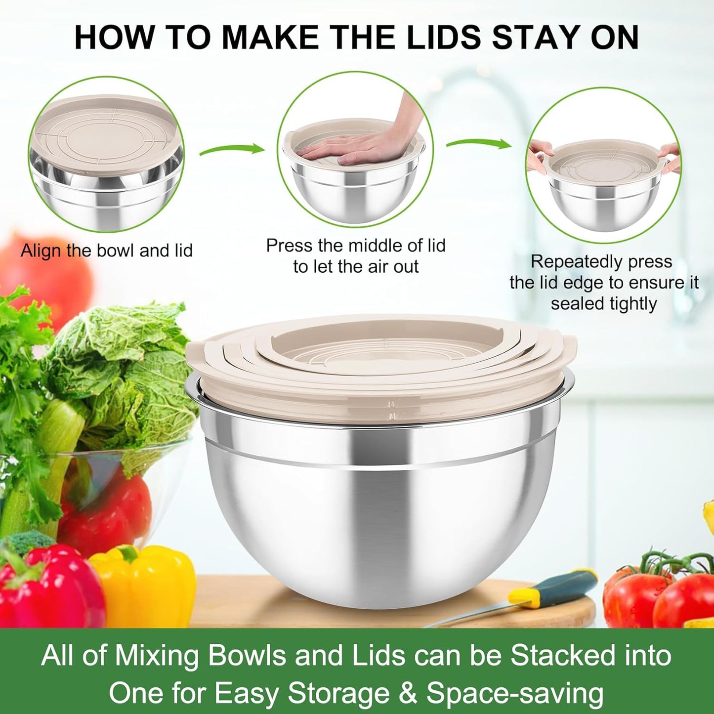 Mixing Bowls with Airtight Lids, 5PCS Stainless Steel Metal Salad Bowl with 3 Grater Attachments, for Cooking, Prepping, Serving, Healthy & Easy Clean - 0.7/1/1.5/2.6/4.6QT, Khaki