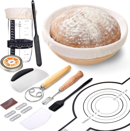 Sourdough Starter Kit 14 Pcs with 9 Inch Banneton Basket, 24 oz Glass Jar | Dough Whisk, Bread Lame with Blades, Silicone Sling and Recipe Book, Bread Making Set, Complete Sourdough Baking Supplies