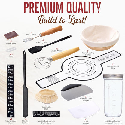 Sourdough Starter Kit 14 Pcs with 9 Inch Banneton Basket, 24 oz Glass Jar | Dough Whisk, Bread Lame with Blades, Silicone Sling and Recipe Book, Bread Making Set, Complete Sourdough Baking Supplies