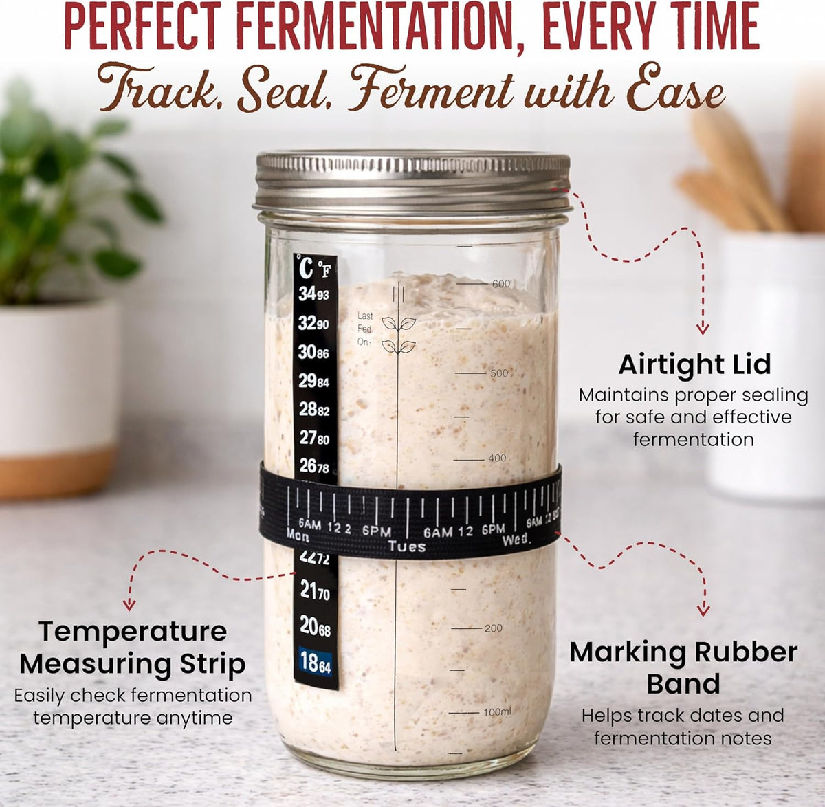 Sourdough Starter Kit 14 Pcs with 9 Inch Banneton Basket, 24 oz Glass Jar | Dough Whisk, Bread Lame with Blades, Silicone Sling and Recipe Book, Bread Making Set, Complete Sourdough Baking Supplies