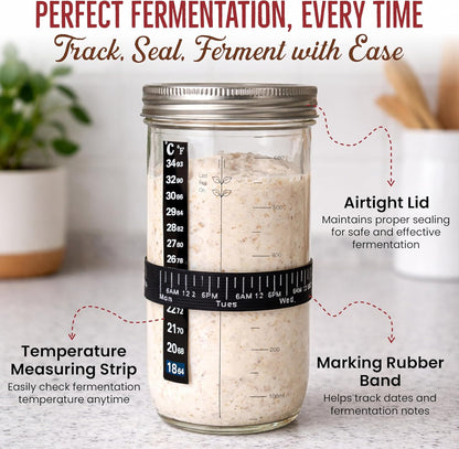 Sourdough Starter Kit 14 Pcs with 9 Inch Banneton Basket, 24 oz Glass Jar | Dough Whisk, Bread Lame with Blades, Silicone Sling and Recipe Book, Bread Making Set, Complete Sourdough Baking Supplies