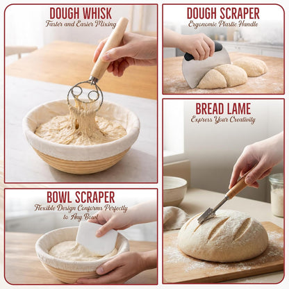 Sourdough Starter Kit 14 Pcs with 9 Inch Banneton Basket, 24 oz Glass Jar | Dough Whisk, Bread Lame with Blades, Silicone Sling and Recipe Book, Bread Making Set, Complete Sourdough Baking Supplies