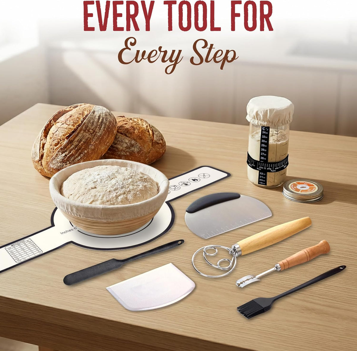Sourdough Starter Kit 14 Pcs with 9 Inch Banneton Basket, 24 oz Glass Jar | Dough Whisk, Bread Lame with Blades, Silicone Sling and Recipe Book, Bread Making Set, Complete Sourdough Baking Supplies