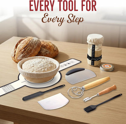Sourdough Starter Kit 14 Pcs with 9 Inch Banneton Basket, 24 oz Glass Jar | Dough Whisk, Bread Lame with Blades, Silicone Sling and Recipe Book, Bread Making Set, Complete Sourdough Baking Supplies