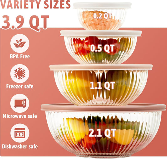 Glass Mixing Bowls with Lids Sets, 4 PCS serving bowls for party or kitchen | For Baking, Meal Prepping and Salad, Bpa Free and Dishwasher and microwave Safe Serving Bowls, 0.2 / 0.5 / 1.1 / 2.1 QT