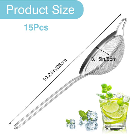 15 Pcs Stainless Steel Small Strainer, Small Fine Mesh Tea Strainer, Mini Stainless Steel Sieve with Handle, Kitchen Metal Sifter Strainers for Tea, Juicing, Coffee, Cocktail, Powdered Sugar, Matcha