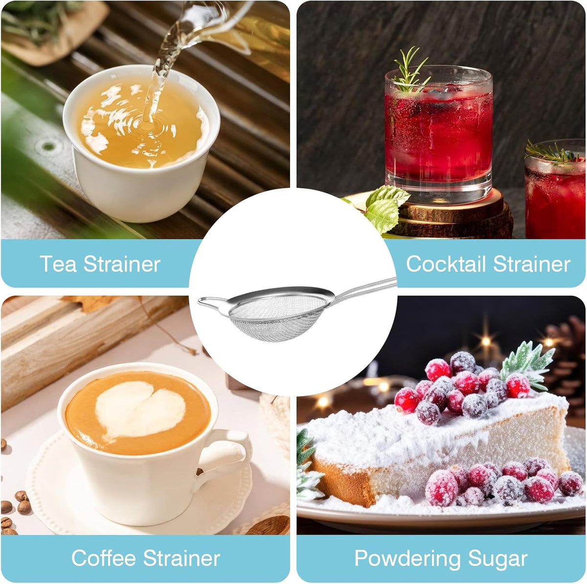15 Pcs Stainless Steel Small Strainer, Small Fine Mesh Tea Strainer, Mini Stainless Steel Sieve with Handle, Kitchen Metal Sifter Strainers for Tea, Juicing, Coffee, Cocktail, Powdered Sugar, Matcha