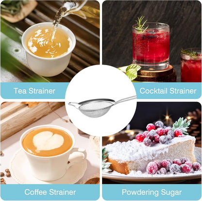 15 Pcs Stainless Steel Small Strainer, Small Fine Mesh Tea Strainer, Mini Stainless Steel Sieve with Handle, Kitchen Metal Sifter Strainers for Tea, Juicing, Coffee, Cocktail, Powdered Sugar, Matcha