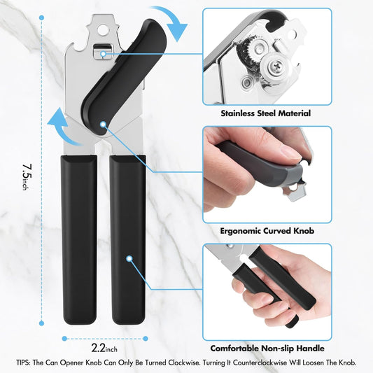 Can Opener Manual, COKORA Can Openers Hand Held with Comfort Anti-Slip Handles, Heavy Duty Stainless Steel Can Opener Smooth Edge and Bottle Openers, Easy Turn Can Openers for Seniors, Kitchen, Black