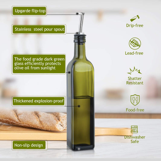 17oz Glass Olive Oil Bottle Dispenser - 500ml Green Oil and Vinegar Cruet with Pourers and Funnel - Olive Oil Carafe Decanter for Kitchen