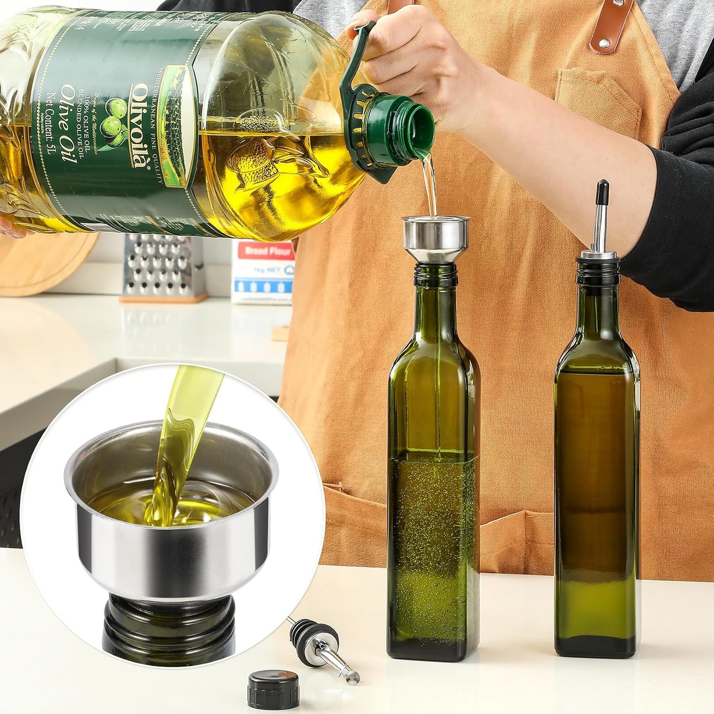 17oz Glass Olive Oil Bottle Dispenser - 500ml Green Oil and Vinegar Cruet with Pourers and Funnel - Olive Oil Carafe Decanter for Kitchen