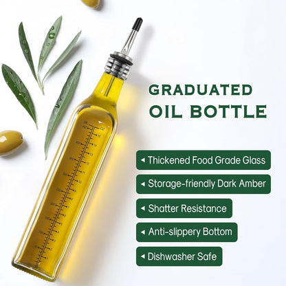17oz Glass Olive Oil Bottle Dispenser - 500ml Green Oil and Vinegar Cruet with Pourers and Funnel - Olive Oil Carafe Decanter for Kitchen