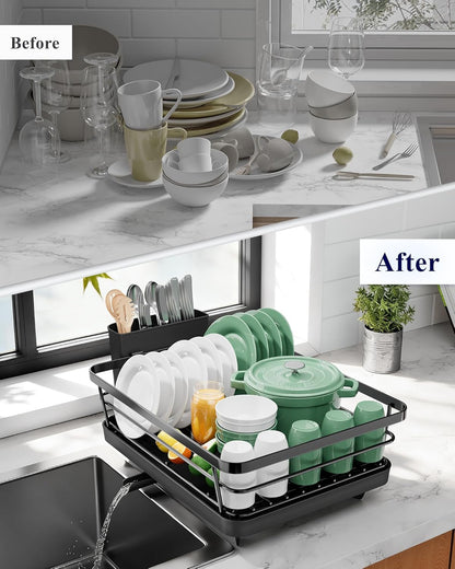 Dish Drying Rack for Kitchen Counter, Stainless Steel Sink Organization and Storage Essentials with Cutlery Holder, Home and Appartment Decor, 12''W x 15.5''L, Black