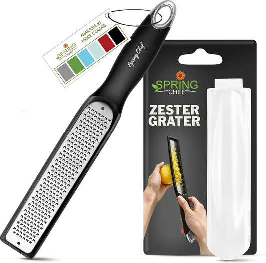 Stainless Steel Lemon Zester - Garlic & Ginger Grater - Black | Premium Zester with Blade Cover, Cheese Grater with Handle for Parmesan, Nutmeg, Lime - Durable Citrus Zester - Fine Shred
