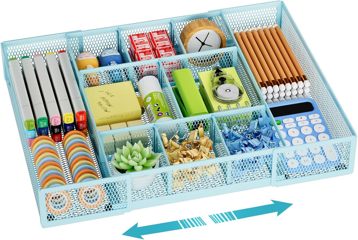 Expandable Desk Drawer Organizer, Mesh Drawer Organizer Tray with 10 Adjustable Compartments, Desk Organizers and Accessories, 5 Dividers Drawer for Office Supplies, Makeup & Vanity (Black)
