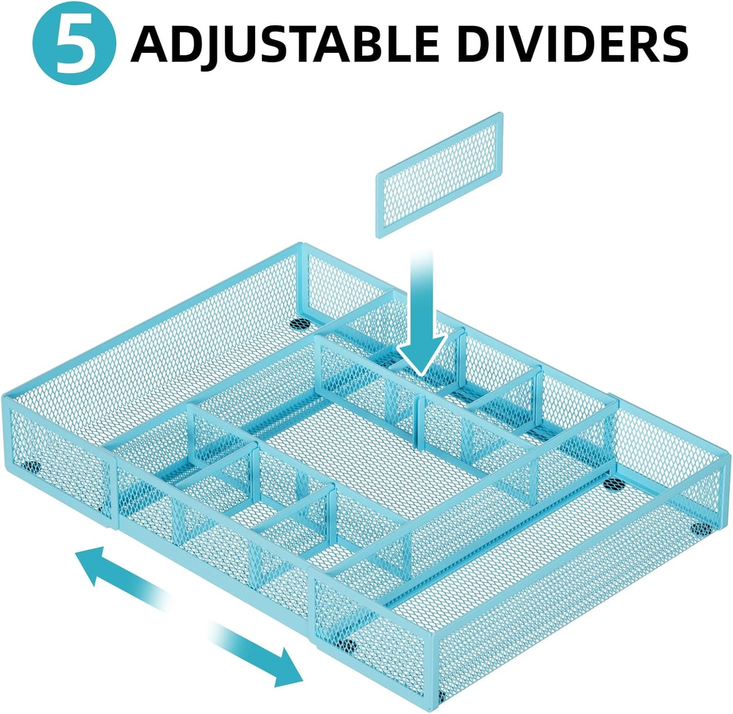 Expandable Desk Drawer Organizer, Mesh Drawer Organizer Tray with 10 Adjustable Compartments, Desk Organizers and Accessories, 5 Dividers Drawer for Office Supplies, Makeup & Vanity (Black)