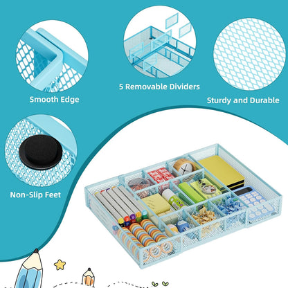 Expandable Desk Drawer Organizer, Mesh Drawer Organizer Tray with 10 Adjustable Compartments, Desk Organizers and Accessories, 5 Dividers Drawer for Office Supplies, Makeup & Vanity (Black)