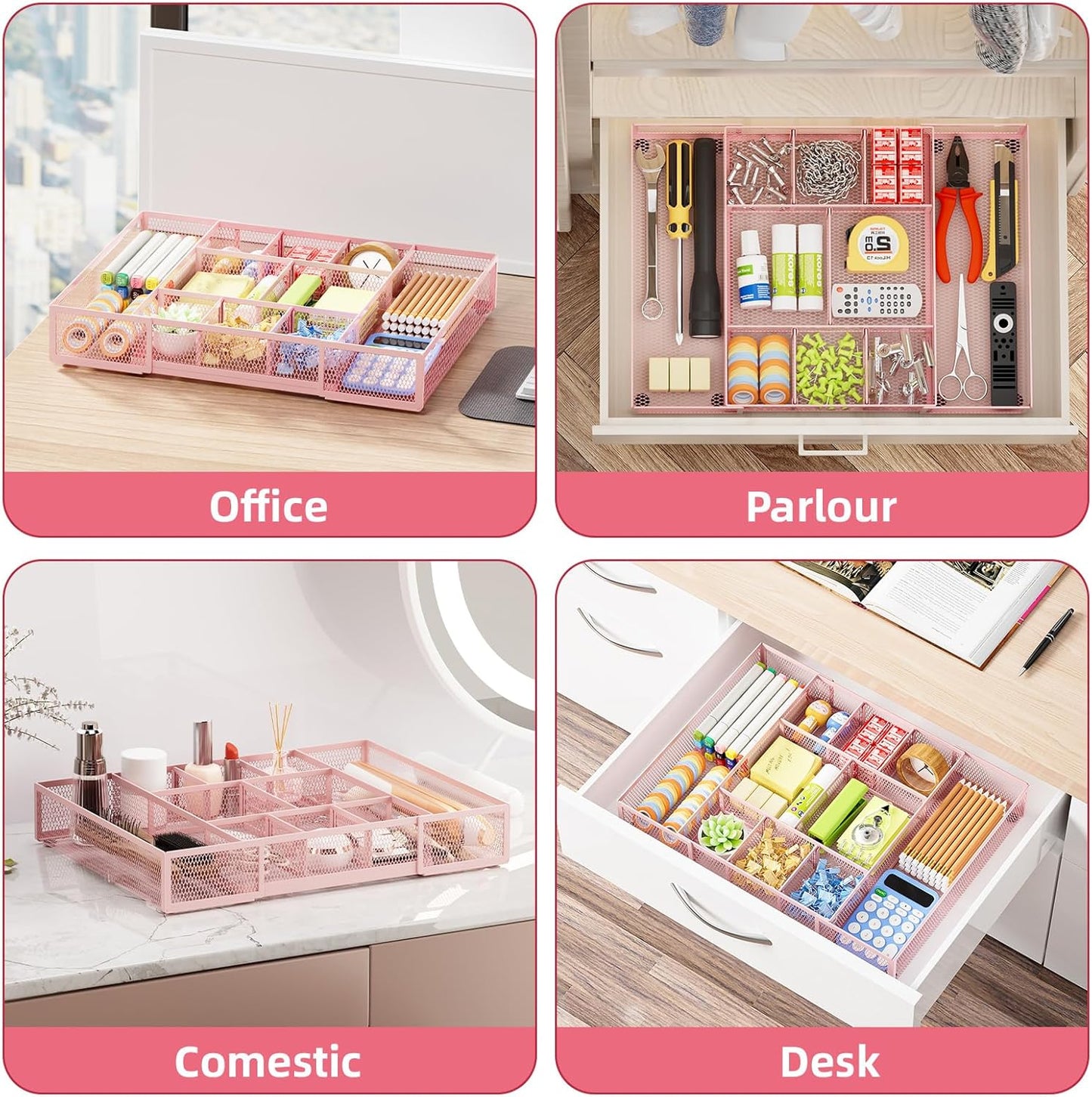 Expandable Desk Drawer Organizer, Mesh Drawer Organizer Tray with 10 Adjustable Compartments, Desk Organizers and Accessories, 5 Dividers Drawer for Office Supplies, Makeup & Vanity (Black)