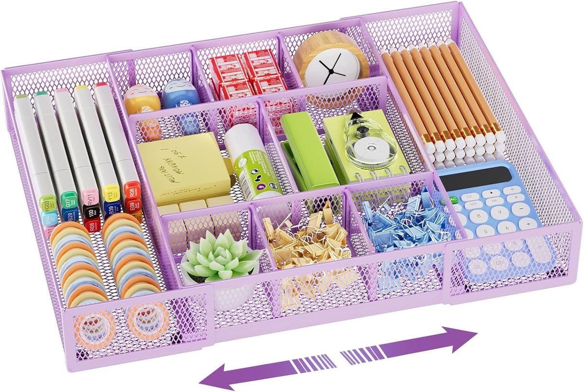 Expandable Desk Drawer Organizer, Mesh Drawer Organizer Tray with 10 Adjustable Compartments, Desk Organizers and Accessories, 5 Dividers Drawer for Office Supplies, Makeup & Vanity (Black)