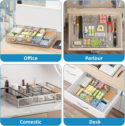 Expandable Desk Drawer Organizer, Mesh Drawer Organizer Tray with 10 Adjustable Compartments, Desk Organizers and Accessories, 5 Dividers Drawer for Office Supplies, Makeup & Vanity (Black)