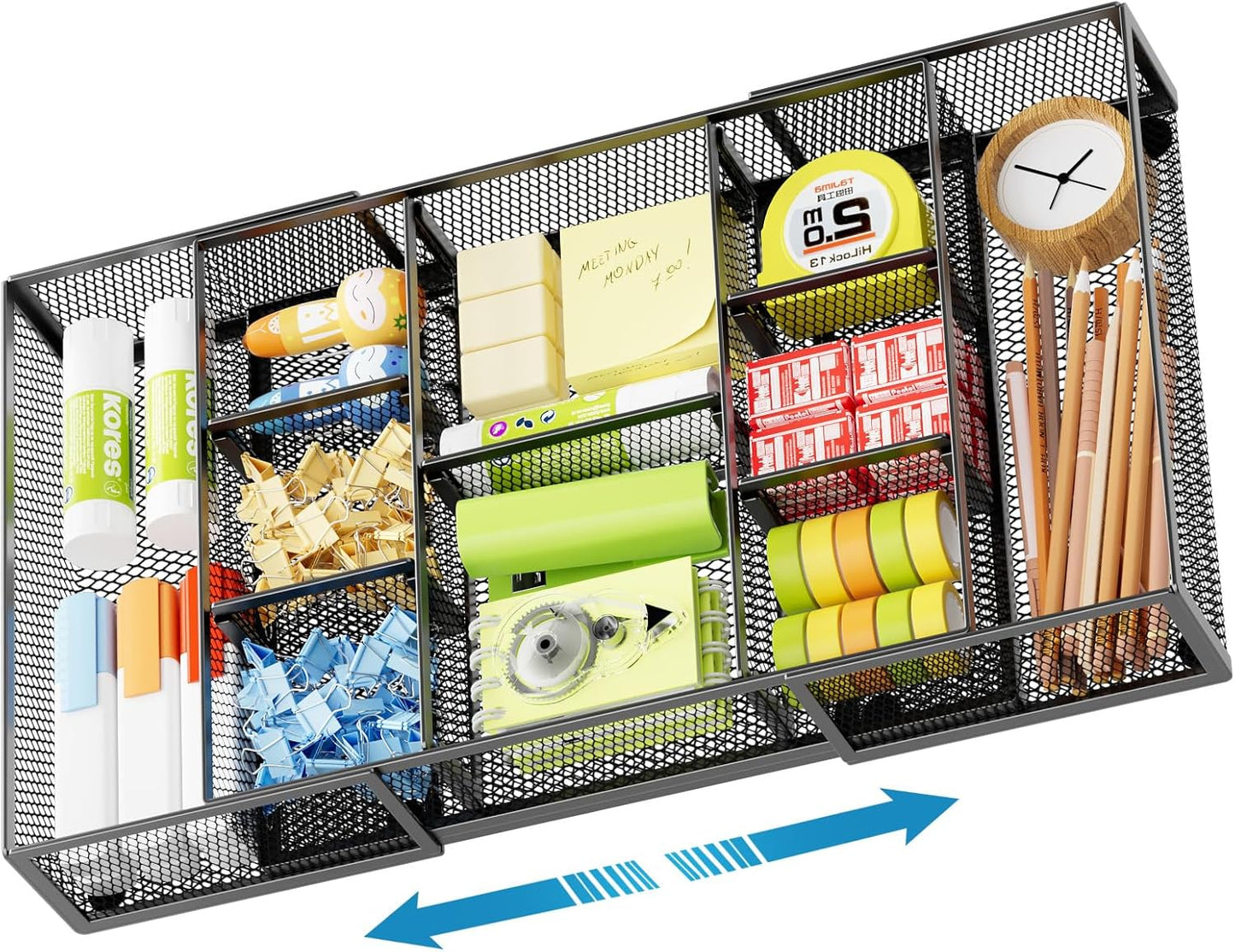 Expandable Desk Drawer Organizer, Mesh Drawer Organizer Tray with 10 Adjustable Compartments, Desk Organizers and Accessories, 5 Dividers Drawer for Office Supplies, Makeup & Vanity (Black)