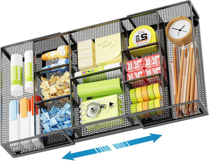 Expandable Desk Drawer Organizer, Mesh Drawer Organizer Tray with 10 Adjustable Compartments, Desk Organizers and Accessories, 5 Dividers Drawer for Office Supplies, Makeup & Vanity (Black)