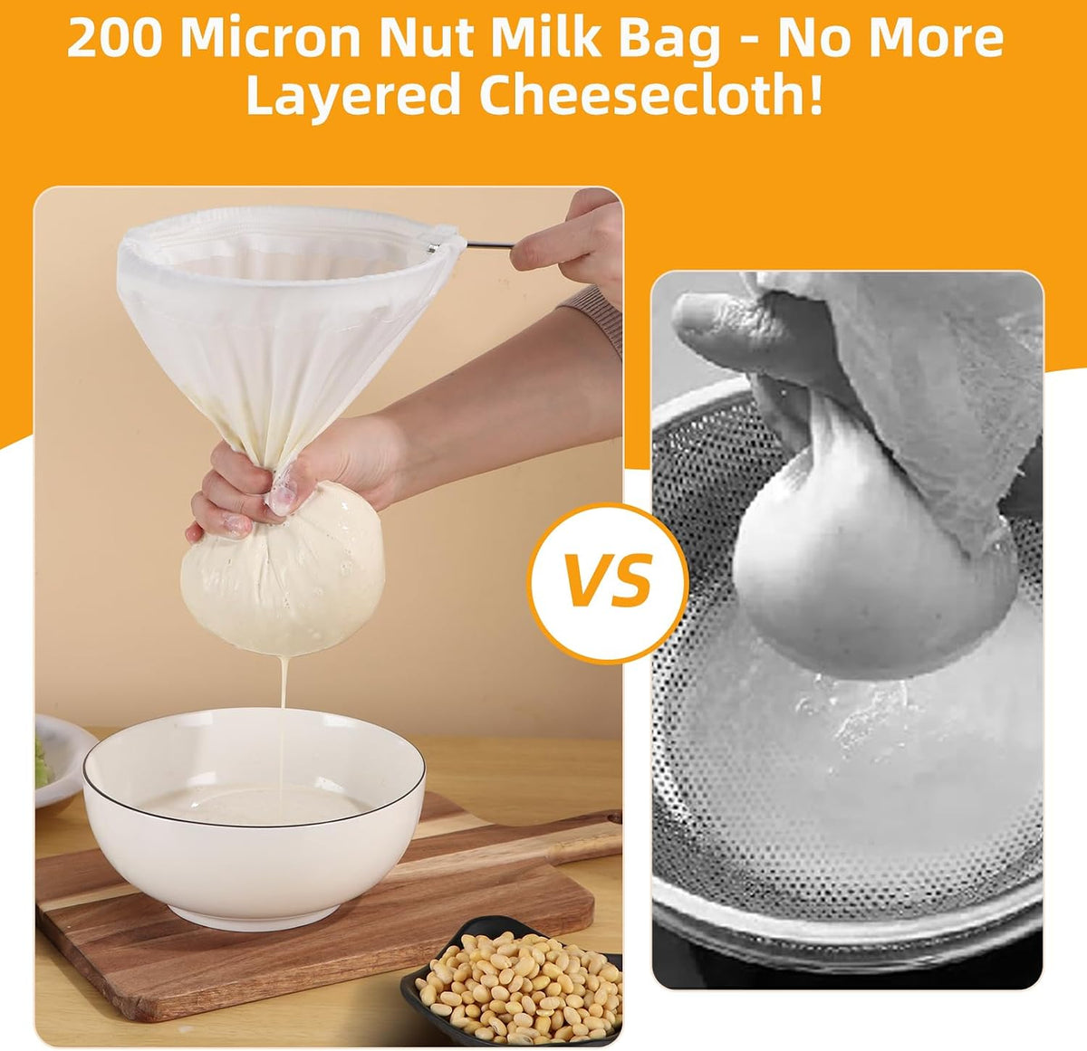 5 Pcs Premium Ultra Fine Mesh Strainer Bags with Stainless Steel Handle, Reusable Nut Milk Bags, Cheese Cloths for Straining Juice, NutMilk, Coffee, Thai Tea, Yogurt and Soup (Small)
