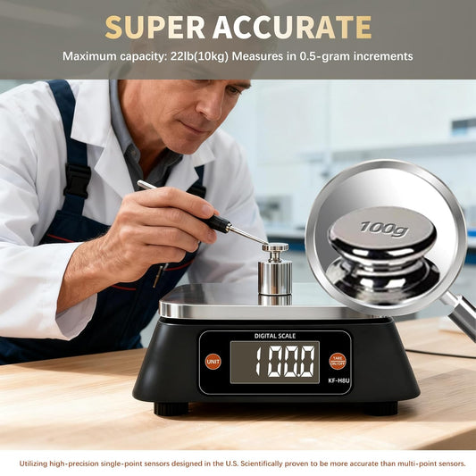 Kitchen Scales Digital Weight Grams and Ounces, KF-H8U Food Scale for Bakers, Candle and Soap Making, Baking Scale with Stainless Steel Large Platform, 22lb, 3*AA Batteries and AC Power Adapter