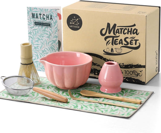 Matcha Whisk Set, 7 Pcs, Matcha Kit Includes Matcha Bowl, Matcha Whisk and Holder, Bamboo Scoop, Spoon, Sifter and Tea Towel, Matcha Set, Gift for Matcha Lovers & Beginners (Pink)