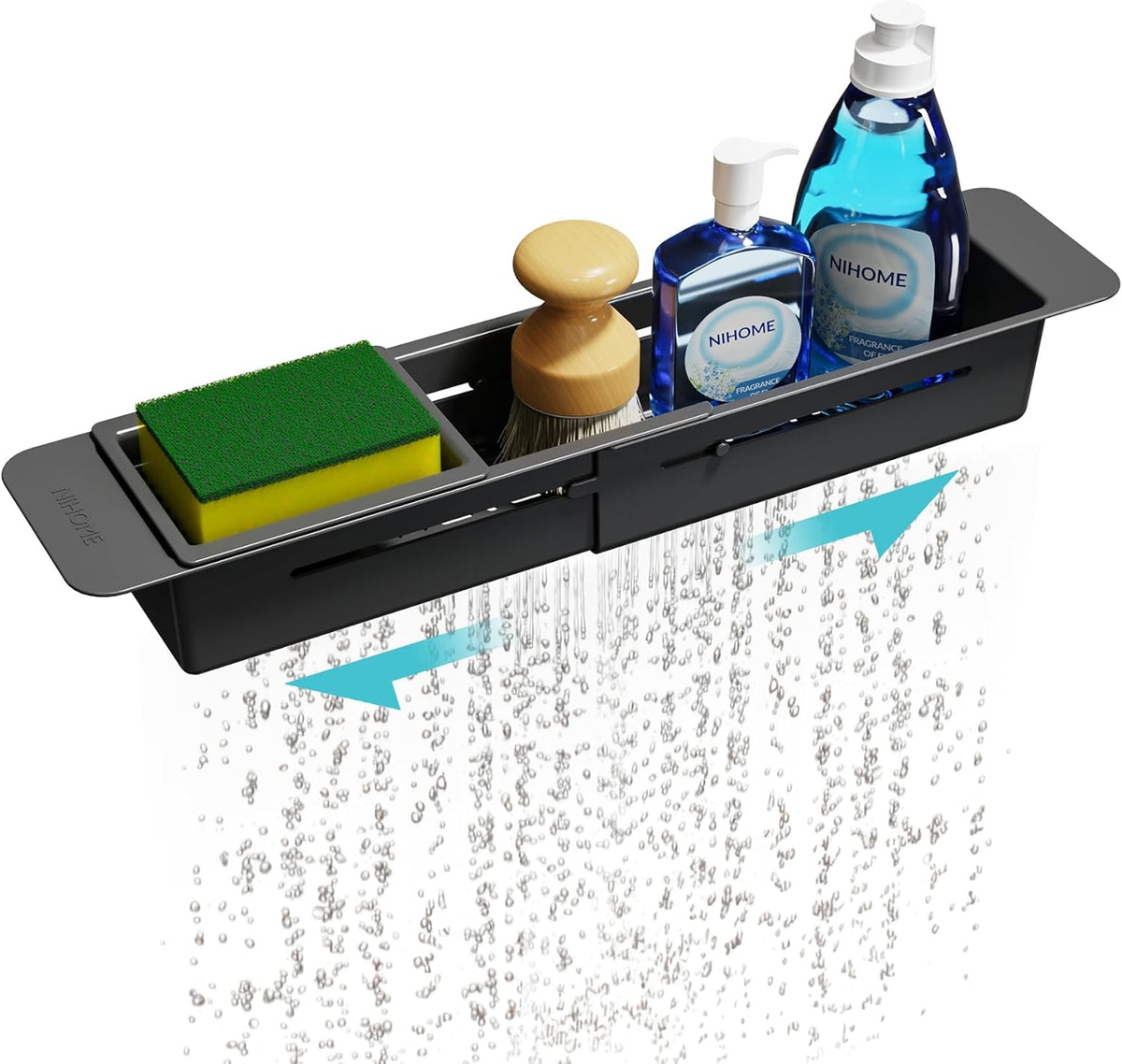 Extendable Kitchen Sink Caddy, Small Brush Sponge Storage Holder | Expandable Kitchen In Sink Organizer for Brush & Sponge with Drainage, Adjustable Length, Non-Slip Pads, Durable ABS (Black)