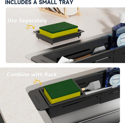 Extendable Kitchen Sink Caddy, Small Brush Sponge Storage Holder | Expandable Kitchen In Sink Organizer for Brush & Sponge with Drainage, Adjustable Length, Non-Slip Pads, Durable ABS (Black)