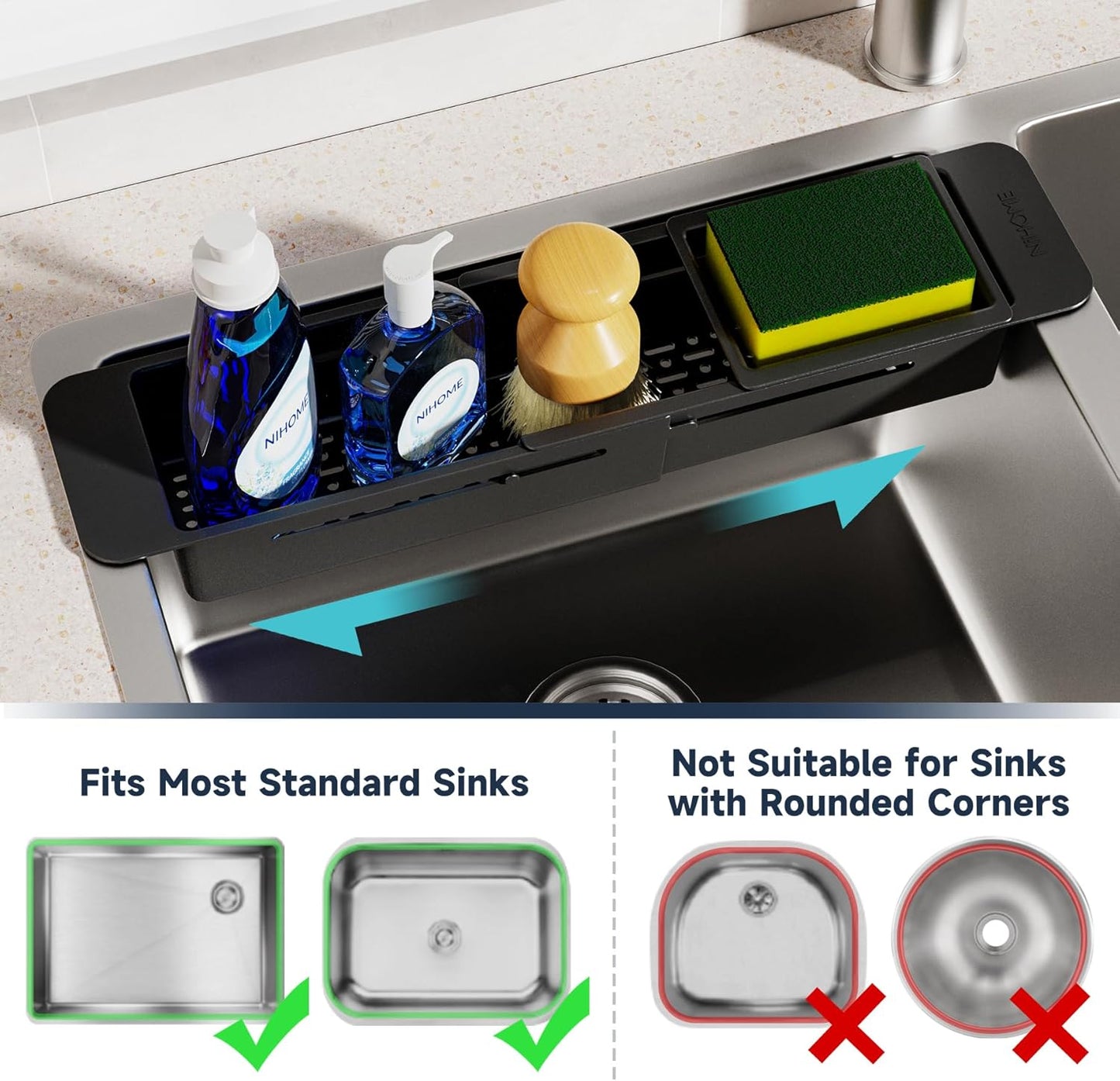 Extendable Kitchen Sink Caddy, Small Brush Sponge Storage Holder | Expandable Kitchen In Sink Organizer for Brush & Sponge with Drainage, Adjustable Length, Non-Slip Pads, Durable ABS (Black)